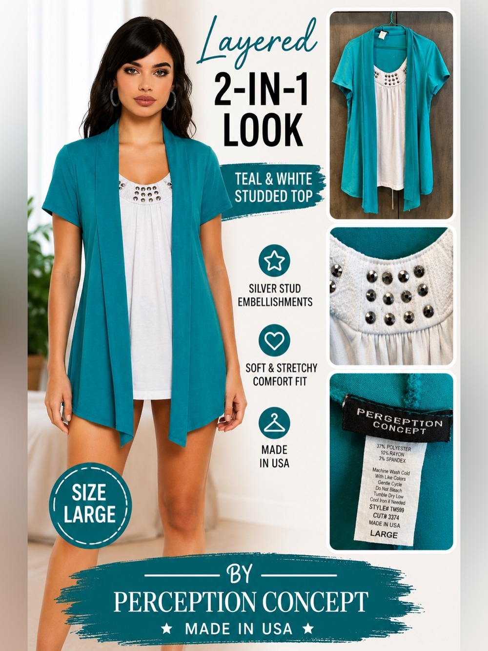 Perception Concept Teal Layered 2-in-1 Studded Top Size L Made in USA